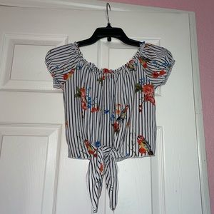 Floral Black and White Striped Crop Top